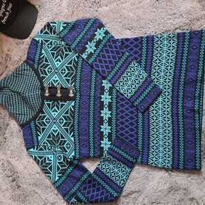 Obermeyer Fair Isle Wool Blend Blue and Black Sweater with Metal Buckles M